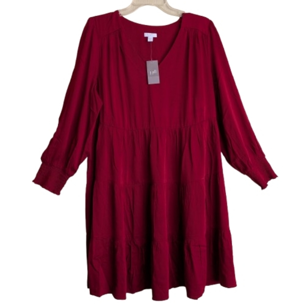 J. Jill Tiered Smocked Dress Crimson Red Long Sleeves Size LP